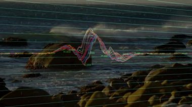 İlk ikinci renkli izler kayaların üzerinde ortaya çıktıktan sonra dalga biçimi değişen tepe noktası genişliği. Okyanus, kıyı şeridi, veri görselleştirme, soyut, manzara, sükunet, dijital sanat