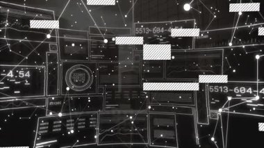 Ölçü etkinleştirildikten sonra, şebeke güncelleme kodları, dikdörtgenler kaydırma, veri görünümünde titreşen çubuklar. Soyut, teknoloji, arayüz, geleceksel, dijital, görselleştirme, ağ