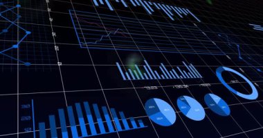 Şebeke etkinleştirici, gösterge paneli çubuk, hat ve halka çizelgeleri, izlenmek için yüzen yeşil simgeler. Teknoloji, veri, analitik, görselleştirme, finans, sürdürülebilirlik, yenilik