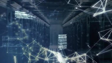 Koridor boyunca ortaya çıkan parçacıklar ağ örgüsü oluşturur, kod parçacıkları kaydırır, veri akışını görselleştirir. Teknoloji, siber güvenlik, veri görselleştirme, dijital ağ, sunucu altyapısı, soyut tasarım, ağ mimarisi