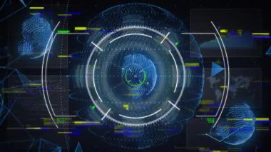 Yan paneller veri görüntülemesini güncellerken, ortaya çıkan halkaları başlatan karanlık şebeke. Fütürist, teknoloji, dijital, analiz, 3d, bilimsel, yenilik