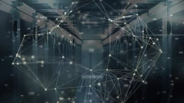 Sunucu koridoru genişletme örtüşmesi başlıyor, düğümler belirdi, satırlar titreşimi veri akışını gösteriyor. Teknoloji, veri, bağlantı, dijital, ağ, yenilik, siber güvenlik