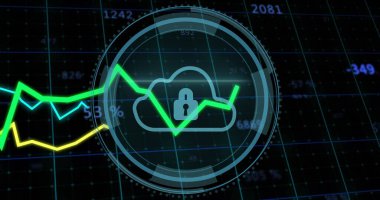 Yeşil ve sarı çizgi çizelgeleriyle UI halkalarının içinde dönen kilitli bulut simgesi gösteriliyor. Siber güvenlik, dijital, teknoloji, analitik, görselleştirme, yenilik, güvenlik
