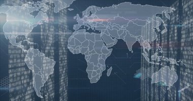 Gökdelen arkaplanı üzerinde dijital veri işleme resmi olan dünya haritası. Teknoloji, fütüristik, ağ, şehir, analiz, iş