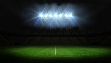 Six stadium floodlights are shining over flat design night pitch with white center line and stands. Sports arena, illumination, modern, outdoor, competitive, atmospheric, nightscape