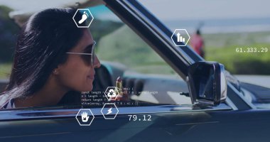 Driving woman wearing aviator sunglasses cruising convertible on coastal road, AR icons, copy space. Adventure, exploration, technology, innovation, mobility, outdoor, leisure