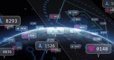 Floating notification bubbles swirling above Earth globe in cyberspace, with numeric counters. Planetary, futuristic, digital, connectivity, technological, abstract, immersive
