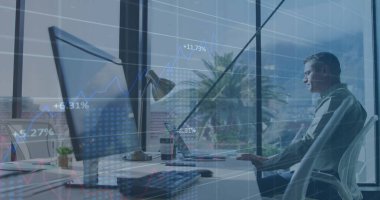 Business man reviewing stock charts on computer screens in office, with coffee, copy space. Corporate, finance, technology, modern, professional, investment, entrepreneurial