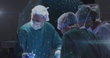 3 surgeons in green scrubs performing surgery in operating room, with scalpel and network overlay. Medical, healthcare, technology, collaboration, innovation, clinical, precision