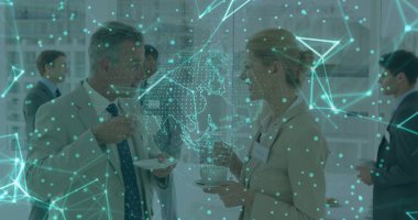 Networking professionals chatting at event hall with coffee cups and digital network overlay. Collaboration, connectivity, lounge, modernism, business, strategy, interface