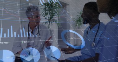 Doctors in lab coat and scrubs reviewing bar graphs, pie charts in clinic, with stethoscopes. Medical, collaboration, professional, analytical, modern, healthcare, teamwork