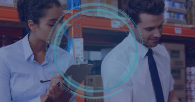 Professionals reviewing inventory in warehouse aisle, wearing business attire with digital overlay. Logistics, supply chain, data analytics, organization, industrial, collaboration, technology