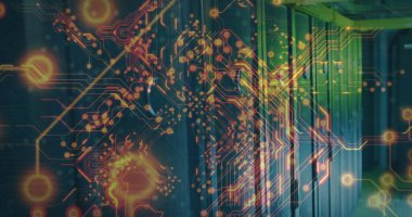 Displaying digital circuit overlay pulsing through data center corridor, with server racks, cables. Futuristic, technology, cybersecurity, networking, innovation, infrastructure, visualization