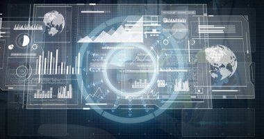 Displaying central circular HUD glowing above dashboard, with holographic panels and bar charts. Futuristic, technology, data visualization, digital, innovation, interface, virtual
