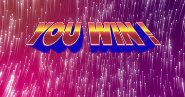 Displaying stylized YOU WIN! text glowing yellow-to-red with blue shadow on pink-purple gradient. Celebration, victory, achievement, neon, vibrant, futuristic, festivity