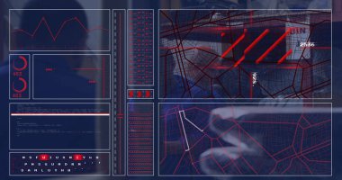 Three data analysts monitoring dashboard interface in dim control room, with map overlay. Technology, analytics, visualization, security, collaboration, innovation, digital