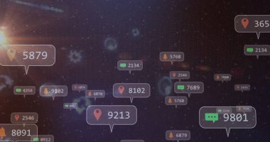 Floating notification bubbles drifting through data network, with map-pin, chat, bell icons. Futuristic, immersive, digital, abstract, technology, interface, dynamic