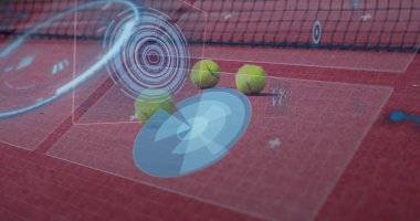 Displaying three yellow tennis balls floating on clay court, with digital overlays and tennis net. Sports, analytics, technology, interface, performance, outdoor, modern