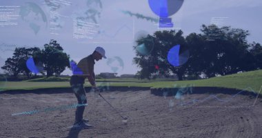 Positioning golfer lining up club and ball in bunker at golf course, with data overlays. Athletic, leisure, outdoor, modern, technology, precision, landscape
