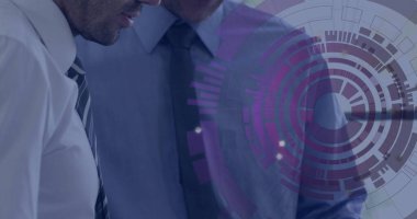 In office, business professionals discussing using digital data image overlay on screen. collaboration, technology, innovation, teamwork, analysis, strategy