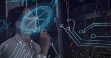 IT engineer analyzing overlays and inspecting racks with patch cables in data center, copy space. Technology, cybersecurity, data, innovation, enterprise, professional, futuristic