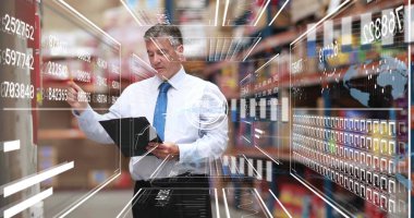 Warehouse manager in suit holding tablet inspecting shelves in warehouse aisle, with data panels. Automation, logistics, data visualization, supply chain, inventory management, industrial, digital interface