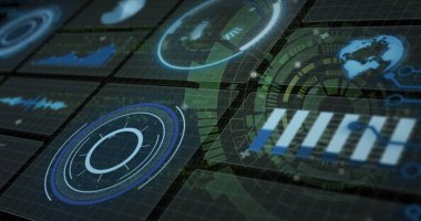 Floating ring chart at left of cockpit, with gauges, bars, waveform, world map, arrows, copy space. Dashboard, data visualization, futuristic, analytics, technology, interface, innovation