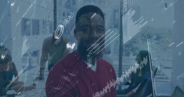 Smiling man in office with financial data processing image overlay. Business, finance, technology, analysis, corporate, digital