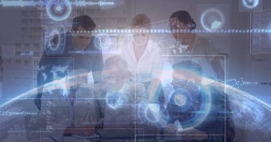 Team in formal attire leaning over desk in meeting area, with laptop charts and holographic overlay. Collaboration, teamwork, innovation, strategy, technology, conference, business