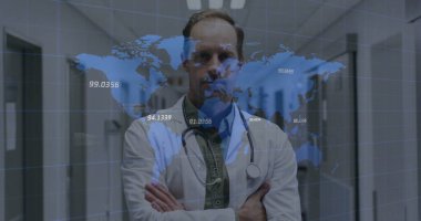 Male doctor wearing white coat, stethoscope crossing arms in hospital corridor, digital map overlay. Medical professional, healthcare, digital technology, data analytics, clinical environment, innovation, diagnostic tools