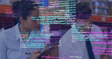 Studying partners examining code overlay on laptop screen and holding pen over notebook in library. Collaboration, coding, education, intellect, focus, teamwork, modern