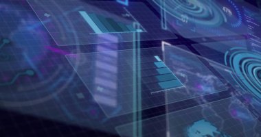 Displaying panels in digital space, with grid overlays, dials, maps, % readouts and neon connectors. Futuristic, technology, interface, holographic, data, visualization, neon