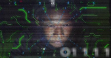 Image of digital face with binary numbers and blue lines in futuristic style. technology, innovation, matrix, virtual, cyber, artificial intelligence