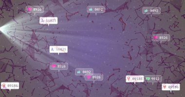 Radiating abstract network forming with purple nodes in digital space, showing social media icons. Connectivity, digital, technology, communication, data, cyber, interface