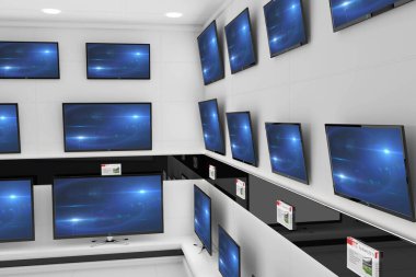 Flat design showroom is featuring flat TVs showing blue glow on white shelves with info tags. Electronics, display, modern, minimalistic, technology, retail, ambient