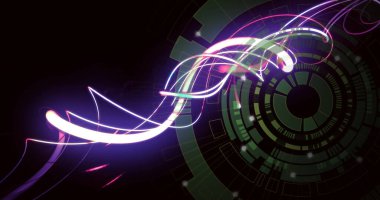 Dönen neon çizgileri, arayüz deseni ve parlayan parçacıklarla karanlık uzayda ortaya doğru süpürülüyor. Neon, fütüristik, soyut, dijital, siber, hareketli, canlı