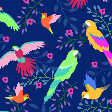 Mavi arka planda çiçekler ve kuşlar. Renk, şablon ve iletişim konsepti dijital olarak oluşturuldu.