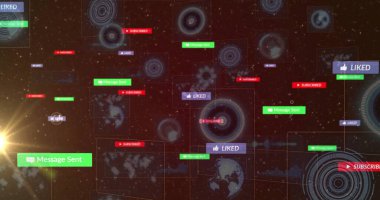 Üyelik etiketleri, İleti Gönderilen kutular, ağ boşluğunda gezinen rozetler gösteriliyor, HUD ile. Teknoloji, bağlantı, arayüz, dijital, fütüristik, ağ, veri