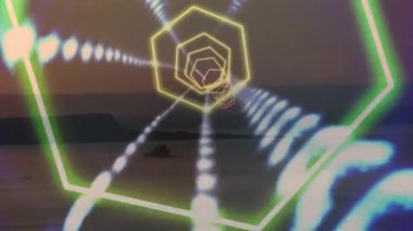 Kablo altıgen açılıyor. Dönen renkler dönüyor. Işınlar deniz ufkunun üzerinde tünel oluştururken. Geometrik, dijital, fütüristik, soyut, hareketli, çevresel, dalgın