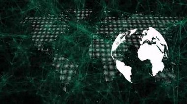 Noktalı harita görünen beyaz 3D küreyi tetikler ve veri akışını göstermek için sola döndürür. Dijital, küreselleşme, bağlantı, fütüristik, teknoloji, soyut, ağ