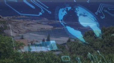 Sönük holografik arayüzde devreler ve grafikler yayıyor, dönen küresel görselleştirme metrikleri. Gelecek, teknoloji, veri, bağlantı, dijital, yenilik, soyut