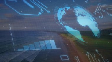 Eksen solda, çubuklar sağda büyüyor, dünya dönüyor, devre soluyor, veri gösteriliyor. Dijital, geleceksel, görselleştirme, analitik, teknoloji, veri, yenilik