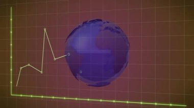 Dünya beliriyor, dönüyor ve grafiğe noktalar ekleniyor, hava trafik trendlerini gösteren uçaklar soluyor. 3d, görselleştirme, veri, analitik, havacılık, teknoloji, gösterge paneli