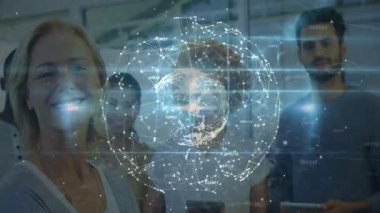 Team pressing tablets and showing rotating holographic networked globe and head for technology demo. Technology, innovation, digital, futuristic, collaboration, data, connectivity