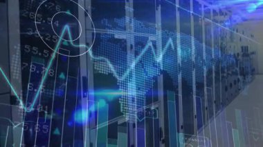 Durakladıktan sonra, harita kaplaması, yükselen çubuklar ve çizgi grafik çizelgesi ölçümleri görselleştirmek için sunucu raflarında canlandırma. Teknoloji, veri, analitik, yenilik, dijital, siber güvenlik, iş