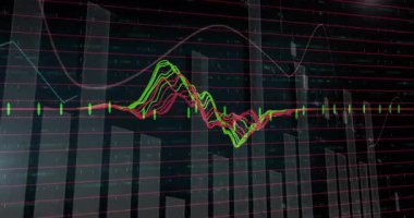 Gösterge paneli düz yeşil nabzı gösteriyor. Dalgalanma tepelerini başlatıyor sonra geri çekiliyor, veri eğilimlerini görselleştiriyor. Analizler, görselleştirme, teknoloji, dijital arayüz, veri bilimi, fütüristik, yenilik