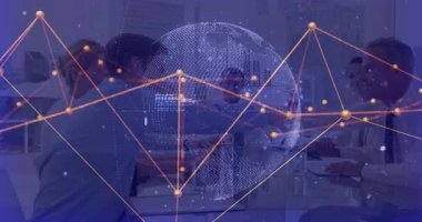 IT team watching sphere appearing above desk analyzing network with rotating nodes and fading code. Technology, collaboration, innovation, futuristic, corporate, analytics, digital