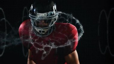 Kırmızı forma giyen sporcu ayakta duruyor, teknoloji animasyon dalga formlarını kaplıyor miğferin üzerinde beyin ızgarası oluşturuyor. Gelecekçi, yenilikçi, teknoloji, veri görselleştirme, sinirsel, bağlantı, dijital sanatlar