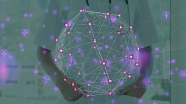 Kadın doktor, dijital sağlık bağlantıları için yüzen sağlık simgeleriyle kablo çerçevesini başlatıyor. Sağlık teknolojisi, teletıp, dijital ağ, tıbbi teknoloji, profesyonel, yenilik, bağlantı