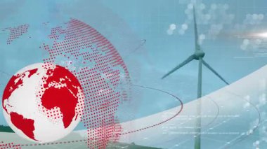 Soldan gelen kırmızı-beyaz küre ızgara yörüngesini başlatıyor, türbin dönüyor ve veri eşleştiriyor. Küresel, dijital, teknoloji, yenilik, yenilenebilir, ilerleme, soyut